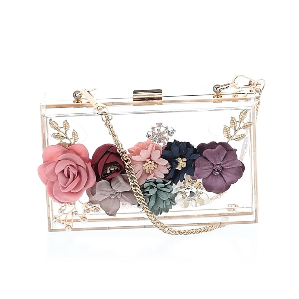 Floral Embellished Clear Clutch W Gold Chain